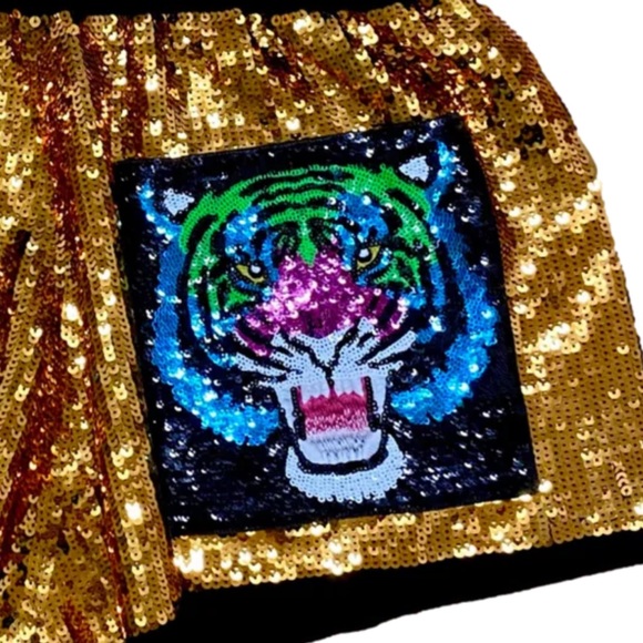 QUEEN OF SPARKLE GOLD RAINBOW TIGER SEQUIN SHORTS - Picture 3 of 4